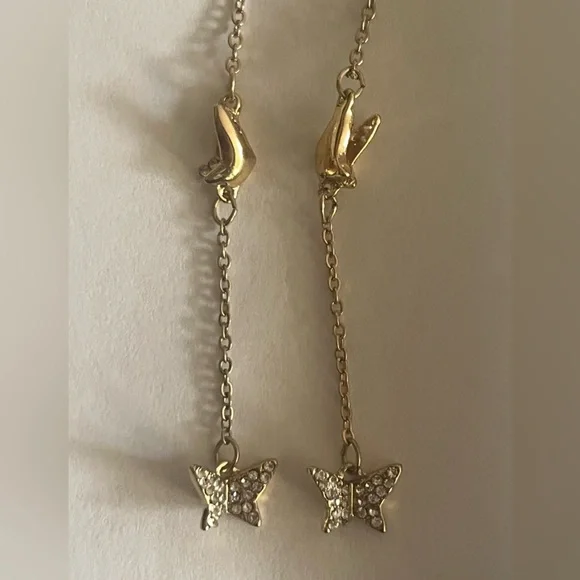 Gold 3 Inch Long Dangle Boho Butterfly Earrings With Crystal Gemstones~ New - Picture 4 of 8